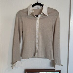 Anne Fontaine Beige Button-Up Blouse with White Collar and Cuffs size 2